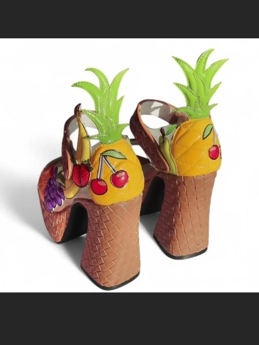 Dolls Kill Tan Platform Sandals with Colorful Fruit Appliqués